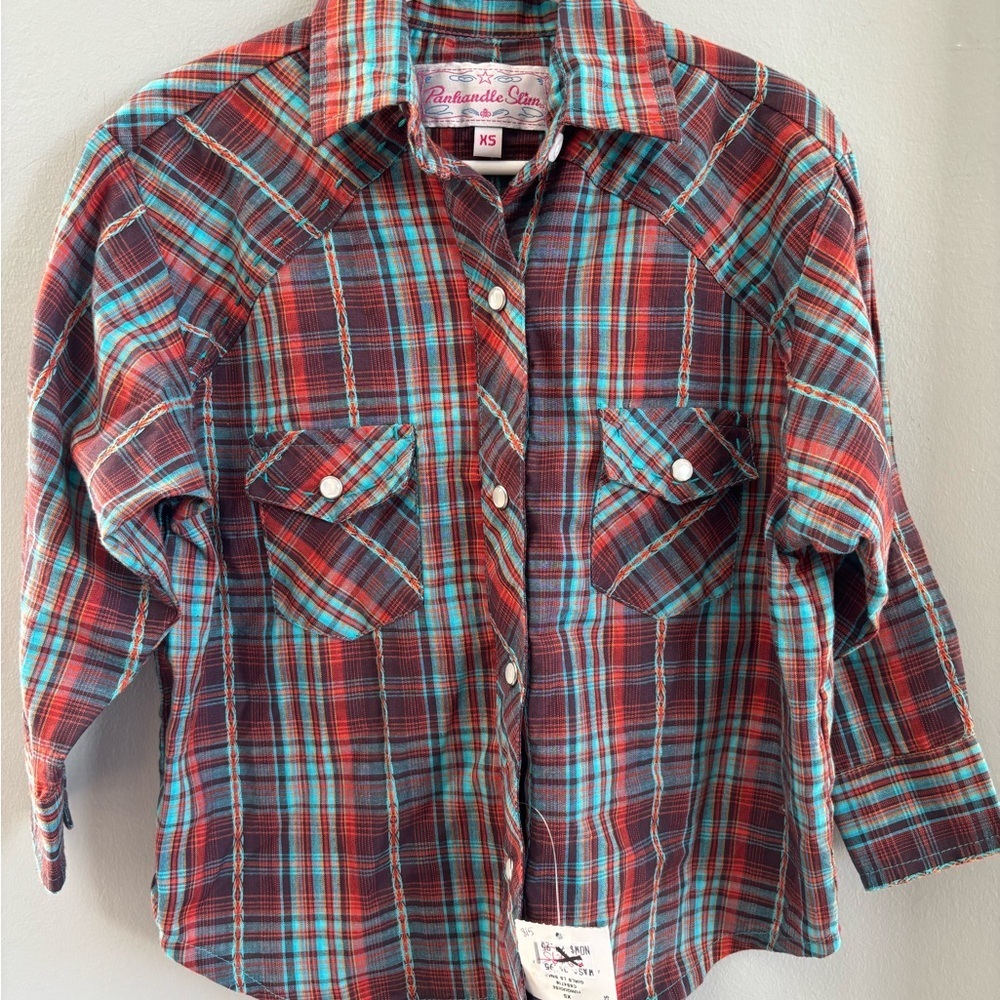 NWT Panhandle Slim Kids XS Plaid Shirt Red Teal western shirt pearl snap buttons